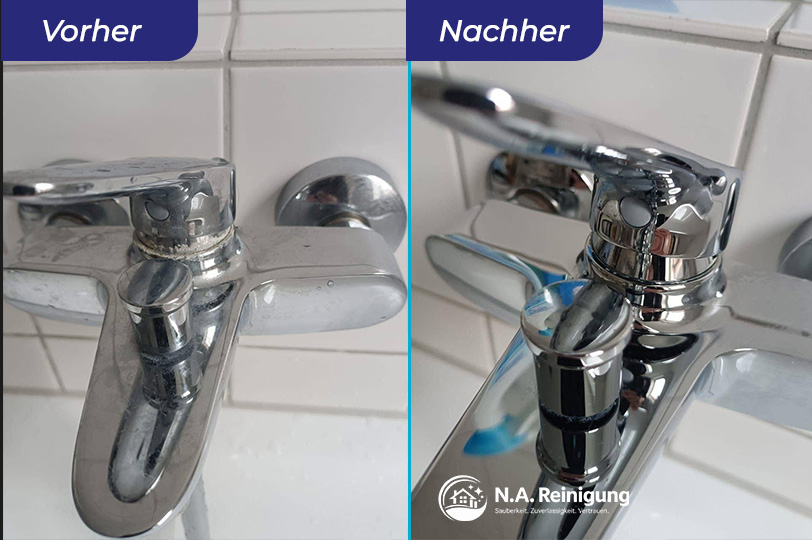 Vorher-Nachher: gereinigte Badarmatur